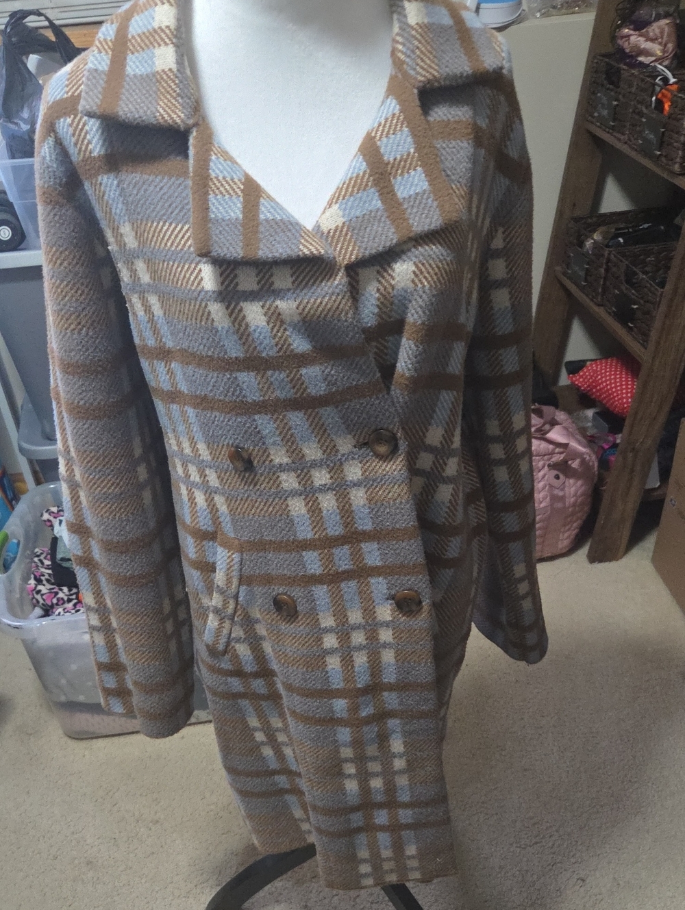 Double-Breasted Plaid Peacoat in Light Blue and Tan